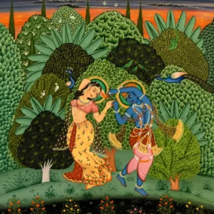 Radha Krishna Divine Garden – Handmade Traditional Miniature Painting